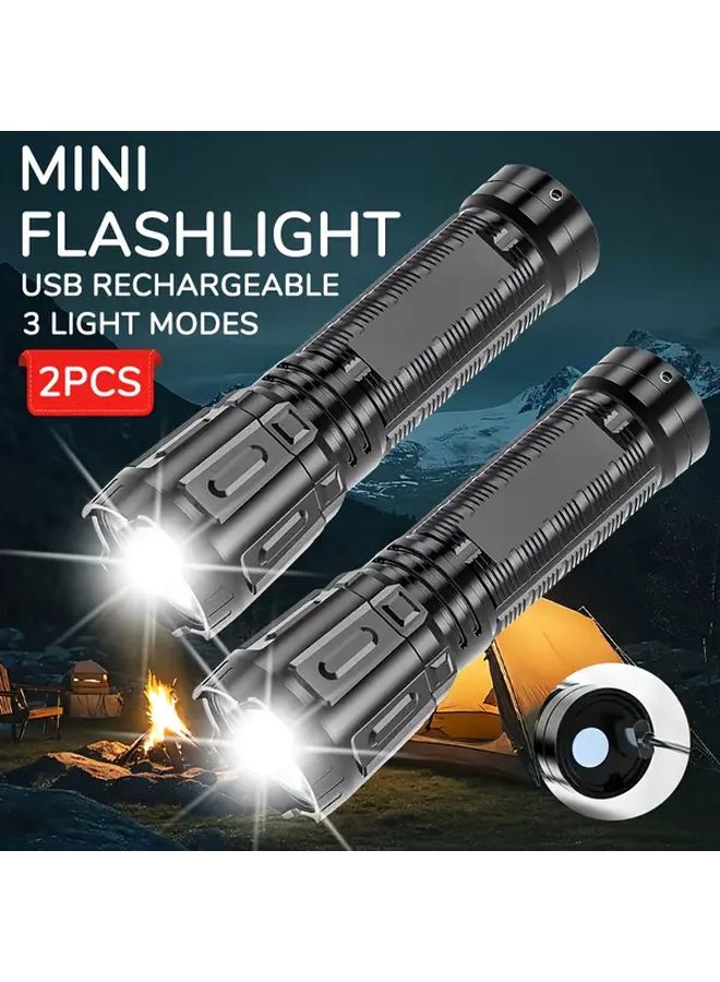 2pcs LED USB Rechargeable Mini Torch Multi Functional Emergency Flashlight 3 Modes - Image 2