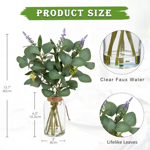 Briful Artificial Eucalyptus Stems in Glass Vase with Faux Water 14 Fake Plant Eucalyptus with Lavender for Home Office Farmhouse Wedding Centerpiece Bathroom Dcor - Image 3