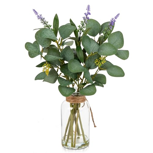 Briful Artificial Eucalyptus Stems in Glass Vase with Faux Water 14 Fake Plant Eucalyptus with Lavender for Home Office Farmhouse Wedding Centerpiece Bathroom Dcor - Image 1