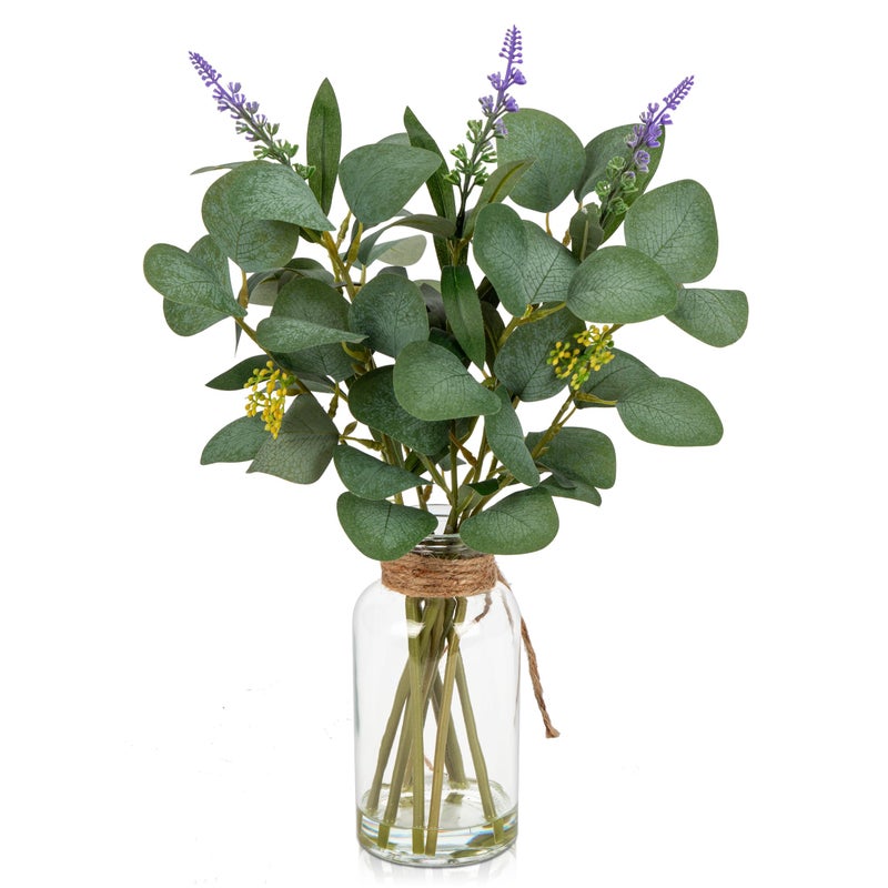 Briful Artificial Eucalyptus Stems in Glass Vase with Faux Water 14 Fake Plant Eucalyptus with Lavender for Home Office Farmhouse Wedding Centerpiece Bathroom Dcor - Image 2