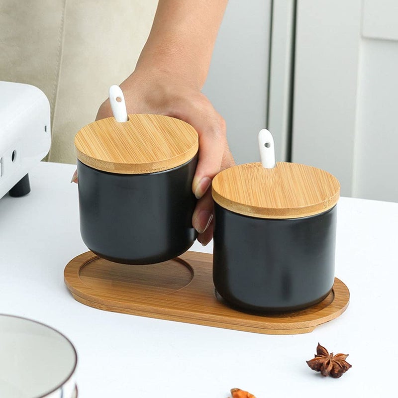RockTrend Simple Pure Color Ceramic Spice Jar Seasoning Box Condiment Pot Sugar Bowl with Bamboo Lid and Spoon - Image 3