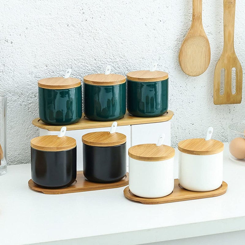 RockTrend Simple Pure Color Ceramic Spice Jar Seasoning Box Condiment Pot Sugar Bowl with Bamboo Lid and Spoon - Image 4