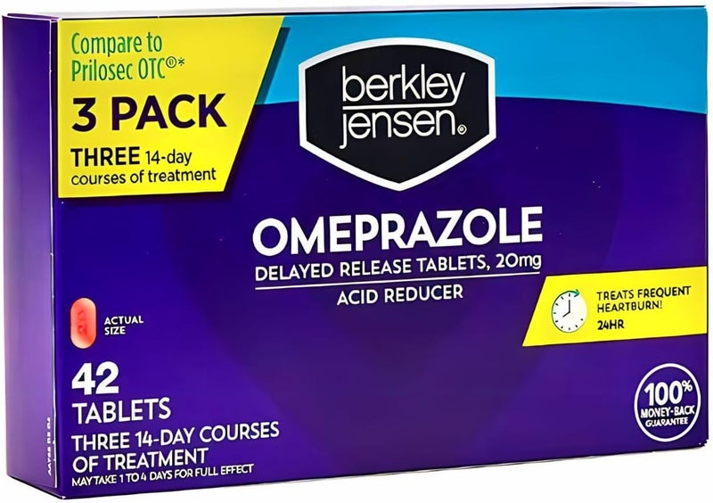 Berkley Jensen berkley jensen Omeprazole 20 mg Delayed Release Tablets - Heartburn Medicine- Acid Reducer Pills - Treats Frequent Heartburn - 3 x 14-Day Courses, 42 Count Total (Pack of 1) 