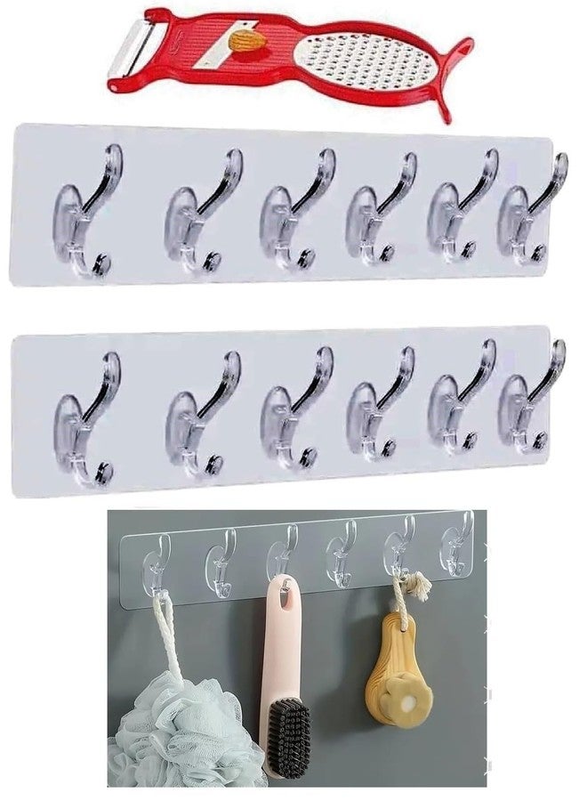 MORVIKA Hooks for Wall Without Drilling - 6 Hook Strip, 2 Pack - Transparent, Wall Mounted - Wall Hooks for Hanging Strong - Adhesive Hooks for Heavy Duty - Image 1