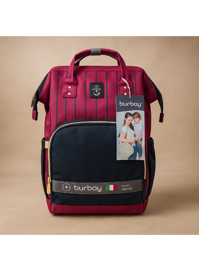 بورباي شنطة حفاضات ظهر Burbay بتصميم مميز (أحمر عنابي وأسود) - عملية وأنيقة للأمهات - Image 2