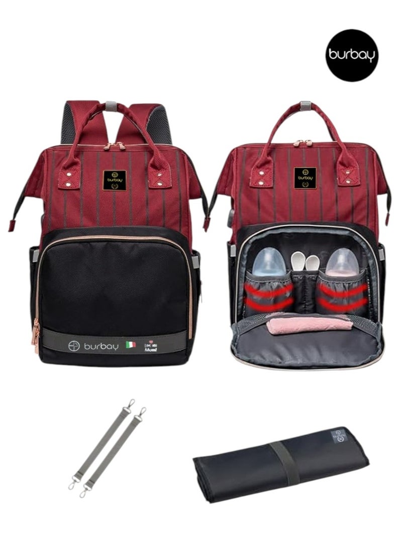 بورباي شنطة حفاضات ظهر Burbay بتصميم مميز (أحمر عنابي وأسود) - عملية وأنيقة للأمهات - Image 1