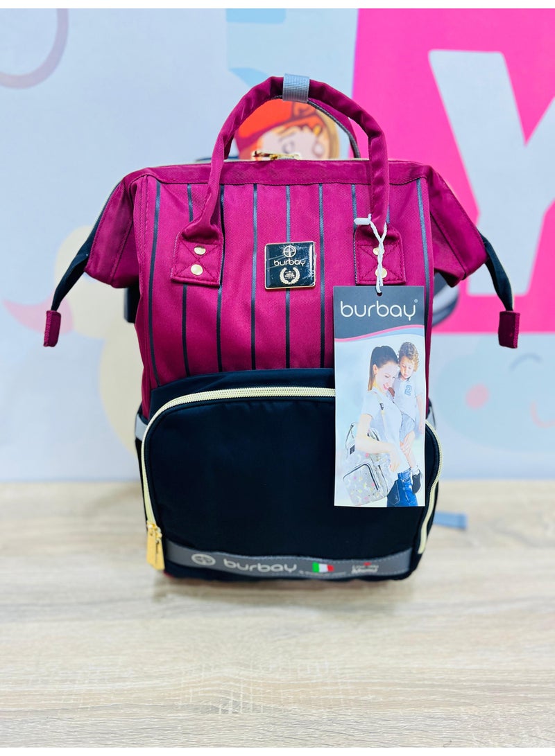 بورباي شنطة حفاضات ظهر Burbay بتصميم مميز (أحمر عنابي وأسود) - عملية وأنيقة للأمهات - Image 5