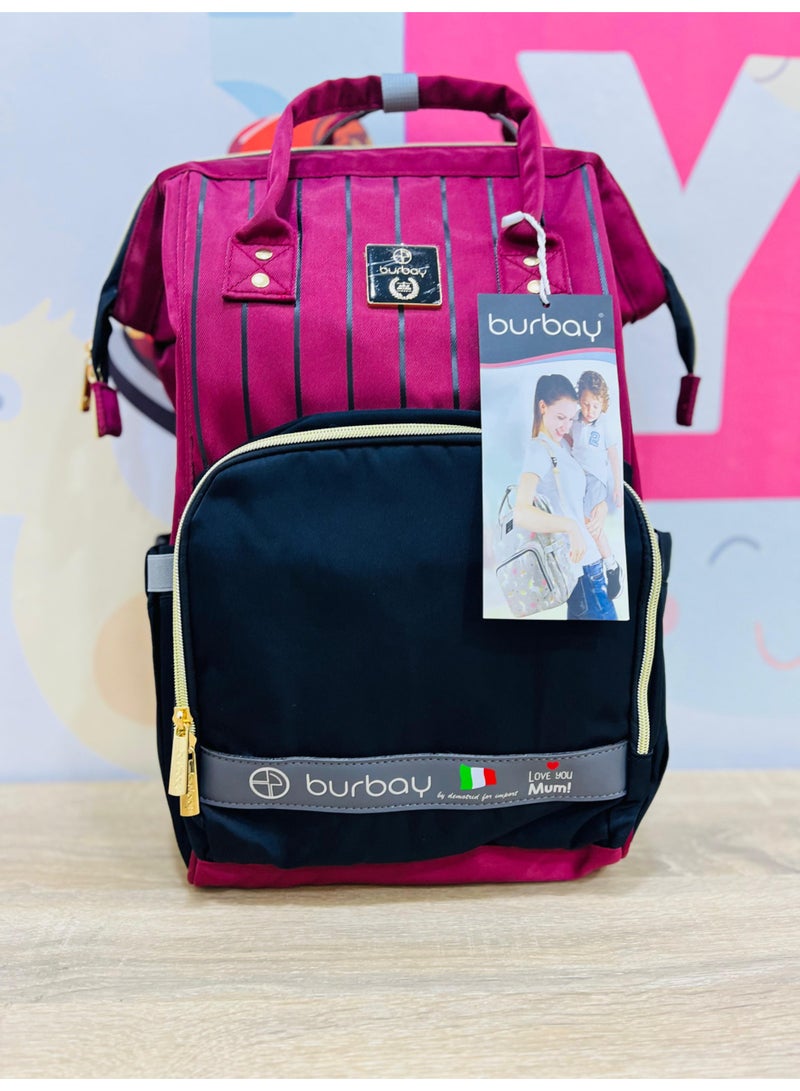 بورباي شنطة حفاضات ظهر Burbay بتصميم مميز (أحمر عنابي وأسود) - عملية وأنيقة للأمهات - Image 3