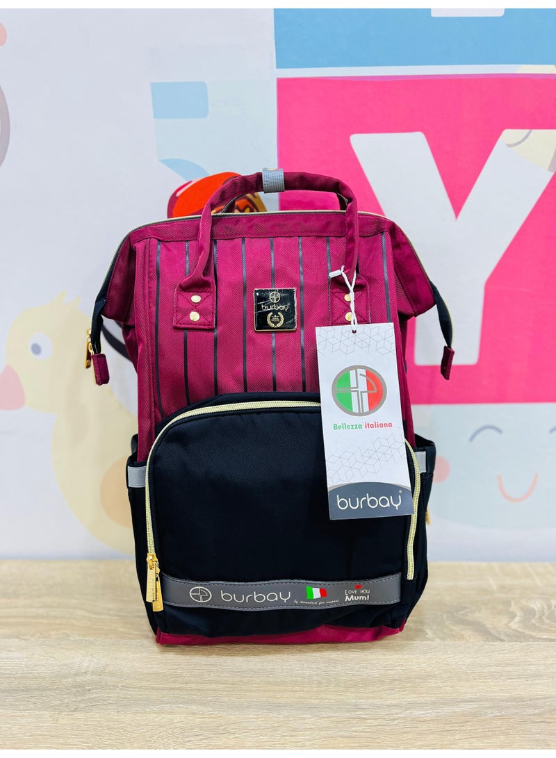 بورباي شنطة حفاضات ظهر Burbay بتصميم مميز (أحمر عنابي وأسود) - عملية وأنيقة للأمهات - Image 4