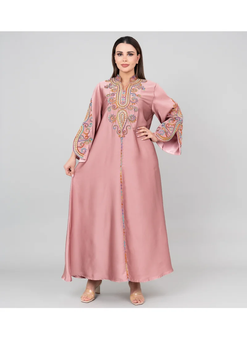 اكسا جلابية سادة مع تطريز IK1009 وردي
