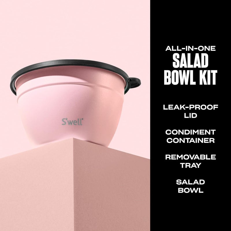 S'well Stainless Steel Salad Bowl Kit 64oz, Pink Topaz, Comes with 2oz Mini Canister and Removable Tray for Organization, Leakproof, Easy to Clean, Dishwasher Safe - Image 3