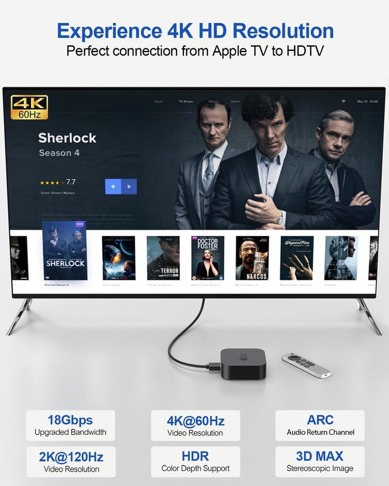 كاست ويف كابل HDMI بزاوية قائمة 90 درجة، كابل عالي السرعة من نوع HDMI إلى HDMI (دعم لتقنيات 4K@60Hz، 2K@120Hz، 1080P، 3D، HDR، ARC)، مناسب لأ��هزة HDTV، Blu-ray، Roku TV، Xbox، PS5/PS4، والشاشات، طول الكابل 1 متر. - Image 2