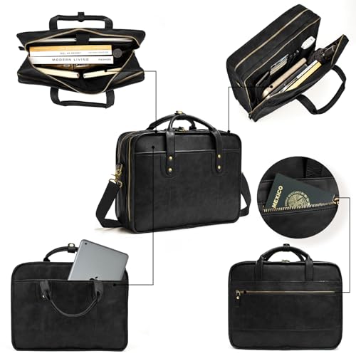 Bosidu Leather Briefcase for Men - 15.6 Inch Business Laptop Bag - Water Resistant Vintage Messenger Bag - Black - Image 4