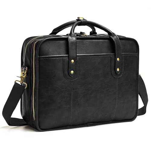 Bosidu Leather Briefcase for Men - 15.6 Inch Business Laptop Bag - Water Resistant Vintage Messenger Bag - Black - Image 1