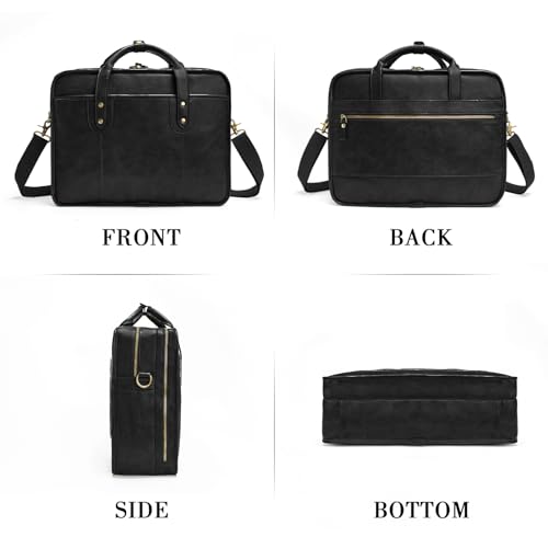 Bosidu Leather Briefcase for Men - 15.6 Inch Business Laptop Bag - Water Resistant Vintage Messenger Bag - Black - Image 2