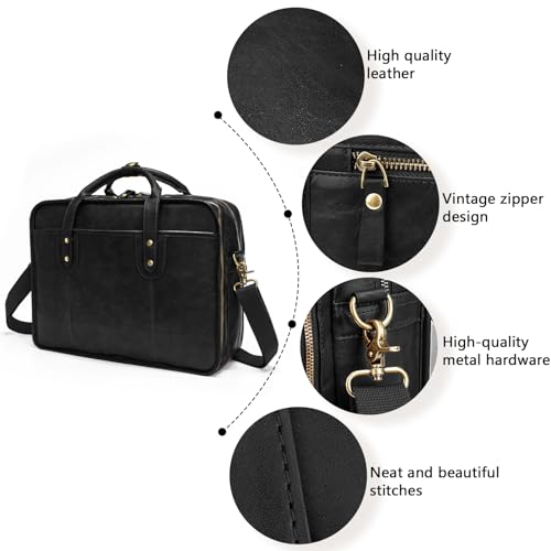 Bosidu Leather Briefcase for Men - 15.6 Inch Business Laptop Bag - Water Resistant Vintage Messenger Bag - Black - Image 3