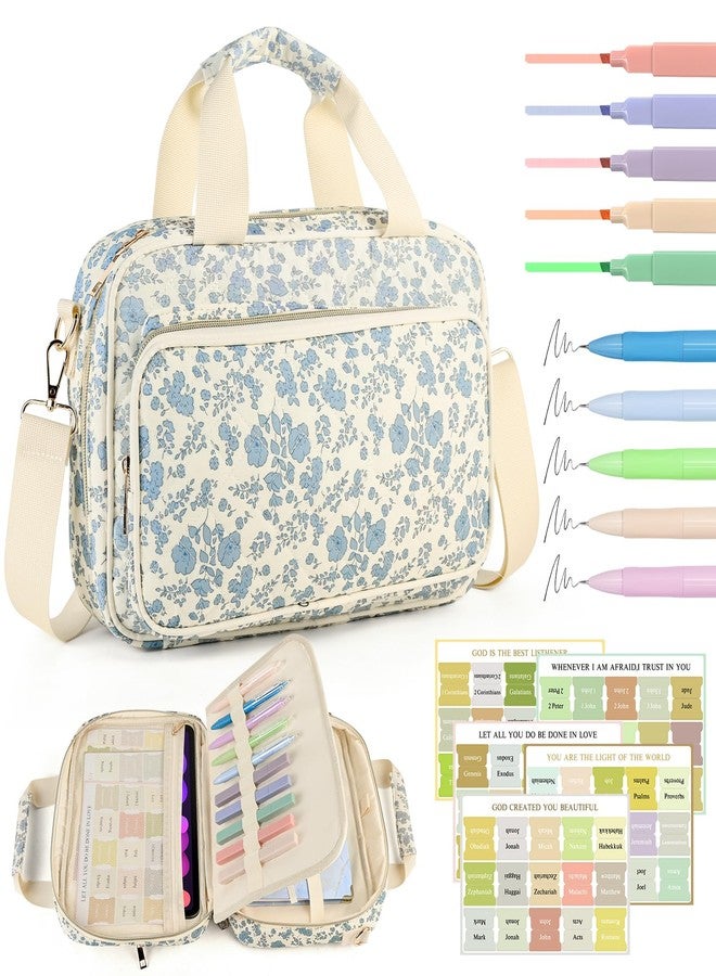 Lemoobolsa Bible Cover Case for Women, Large Quilted Bible Bag with Bible Study Supplies 5*Sticker & 5*Highlighter & 5*Pen, Stylish Church Bag Journaling Kit, Mothers Day Christian Gifts (Blue Floral) - Image 1