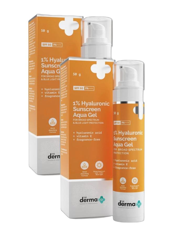 THE derma Co جل واقي الشمس الهيالورونيك من ديرما كو خفيف للغاية مع SPF 50 PA++++ لحماية واسعة النطاق من الأشعة فوق البنفسجية A و B والضوء الأزرق للبشرة الدهنية - 50 جرام - عبوة قيمة من 2 - Image 1
