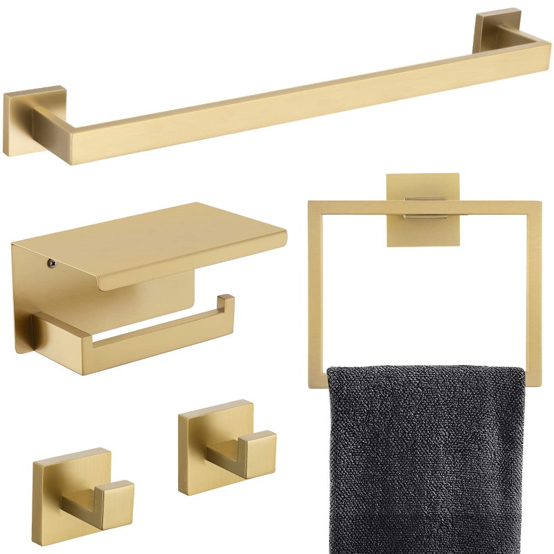 TNOMS 5Piece Bathroom Hardware Set 236 Inch Gold Towel Bar Set Towel Bar Towel Ring Coat Hook and Toilet Paper Holder with Shelf Wall Mounted Stainless Steel Bathroom Accessories Set