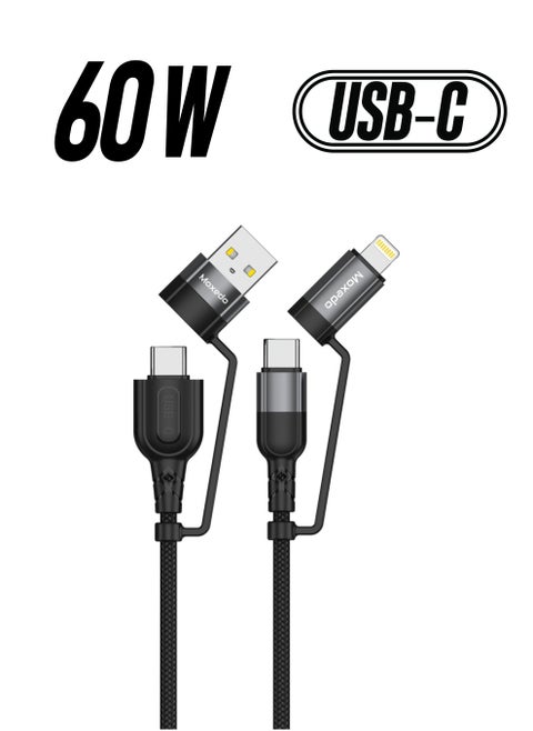 Moxedo 4 in 1 Charging Cable 60W Power Delivery Interchangeable USB-A/USB-C to USB-C/Lightning 1.2 Meters Braided Nylon Cable Compatible for Android/iPhone 15/14/13/12/11 Pro Max, iPad (Black)
