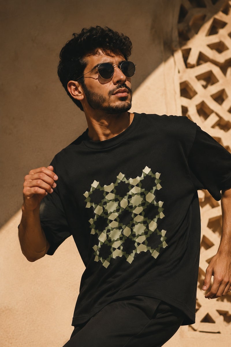 Men's Oversized Black Geometric Pattern Graphic T-Shirt Casual Short Sleeve Crew Neck Streetwear Tee - Image 3