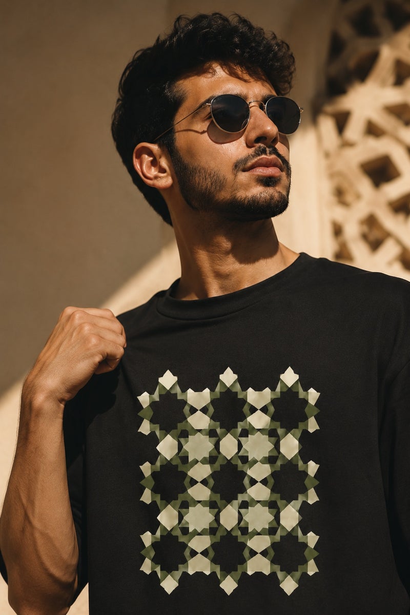 Men's Oversized Black Geometric Pattern Graphic T-Shirt Casual Short Sleeve Crew Neck Streetwear Tee - Image 5