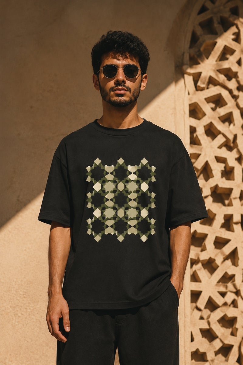 Men's Oversized Black Geometric Pattern Graphic T-Shirt Casual Short Sleeve Crew Neck Streetwear Tee - Image 2