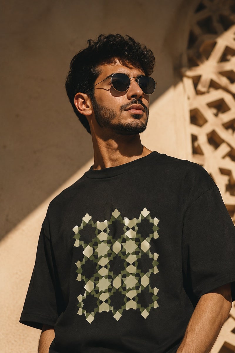 Men's Oversized Black Geometric Pattern Graphic T-Shirt Casual Short Sleeve Crew Neck Streetwear Tee - Image 1
