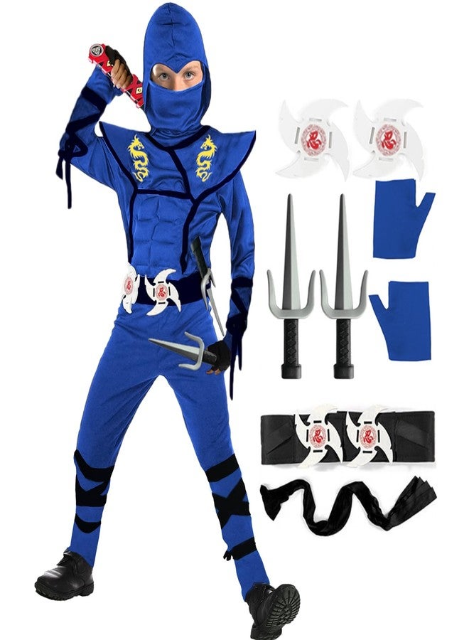 SATKULL Blue Ninja Costume for Kids Ninja Deluxe Costumes Set with Ninjas Accessories for Boy Dress Up(Kids-S-4T/5T Blue) - Image 1