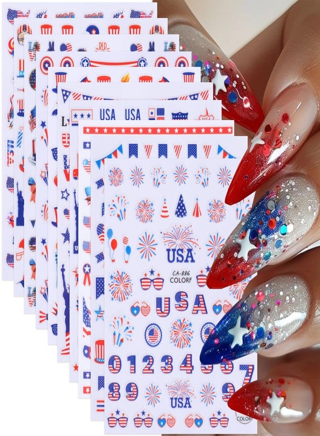 BYJKYEN 10 Sheets 4th of July Nail Art Stickers Patriotic Nail Decals 3D Self-Adhesive American Flag Independence Day Flame Butterfly Heart Nail Design Sticker Memorial Day Nail Decals for Holiday Nails - Image 1