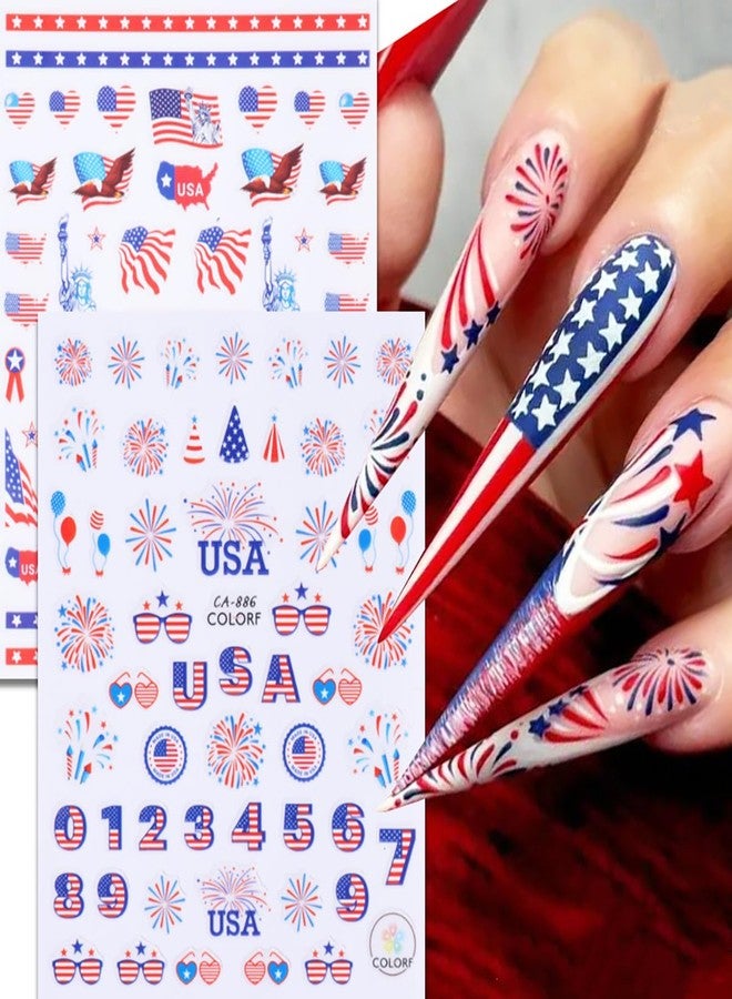 BYJKYEN 10 Sheets 4th of July Nail Art Stickers Patriotic Nail Decals 3D Self-Adhesive American Flag Independence Day Flame Butterfly Heart Nail Design Sticker Memorial Day Nail Decals for Holiday Nails - Image 3