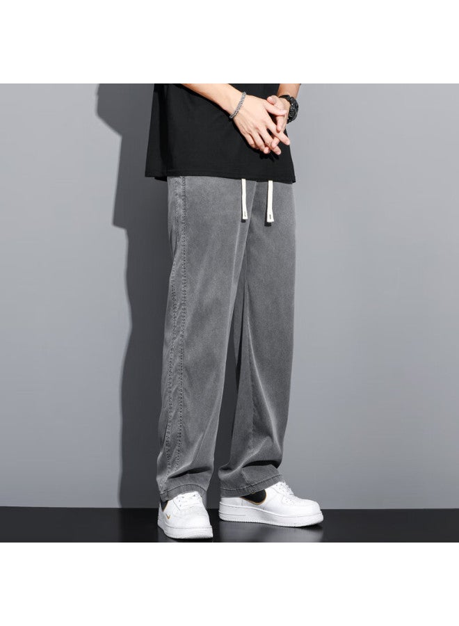 Maybeyond Lyocell Jeans For Men, Autumn And Winter Loose Wide-leg Casual Straight Pants, Tencel Men's Trousers Ma13 Gray 5XL - Image 1