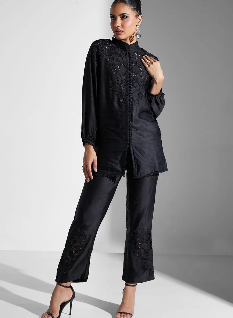 Threadz by Ajooni Schiffli Embroidered Top And Pants Set