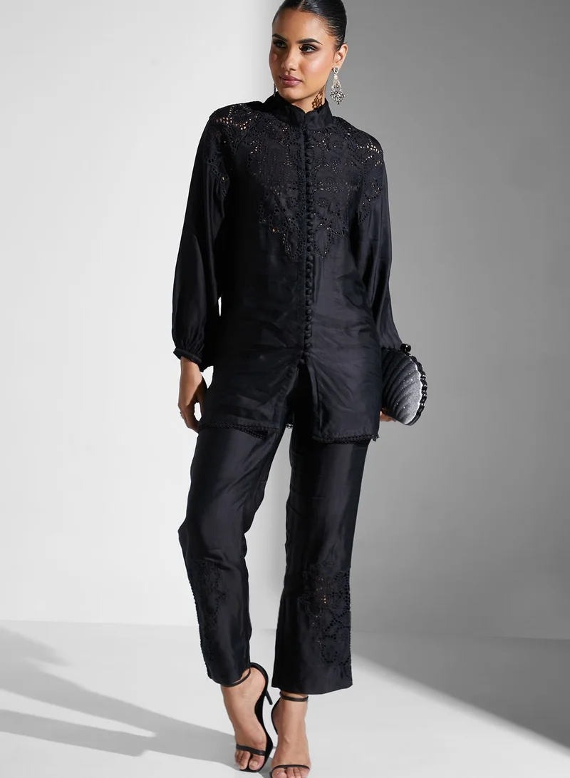 Threadz by Ajooni Schiffli Embroidered Top And Pants Set