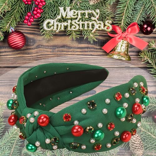TULOBI Christmas Headband for Women Pearl Knotted Headband Xmas Red Green Pearl Rhinestone Crystal Jeweled Hairband Fashion Elegant Ladies Wide Top Knot Hair Bands Headpiece Holiday Outfits Gifts (Green) - Image 4