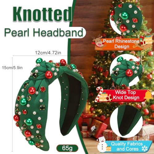 TULOBI Christmas Headband for Women Pearl Knotted Headband Xmas Red Green Pearl Rhinestone Crystal Jeweled Hairband Fashion Elegant Ladies Wide Top Knot Hair Bands Headpiece Holiday Outfits Gifts (Green) - Image 2