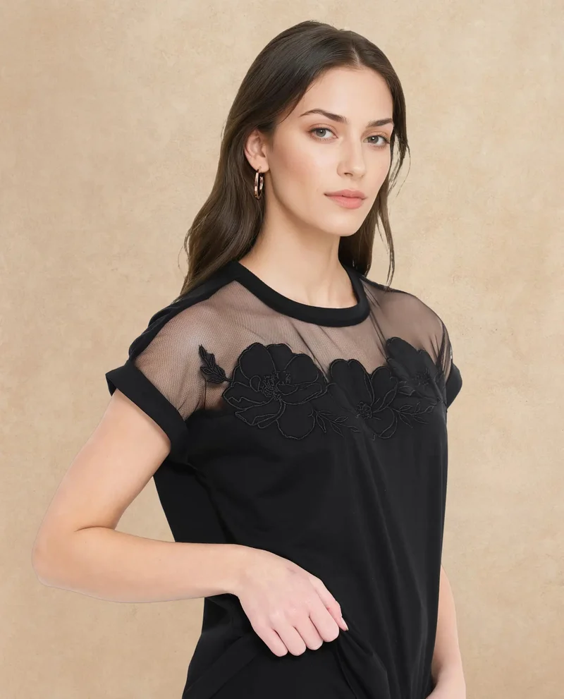 Rareism Rareism Women Alexdan Black Cotton Elastane Fabric Embroidered Neck Top