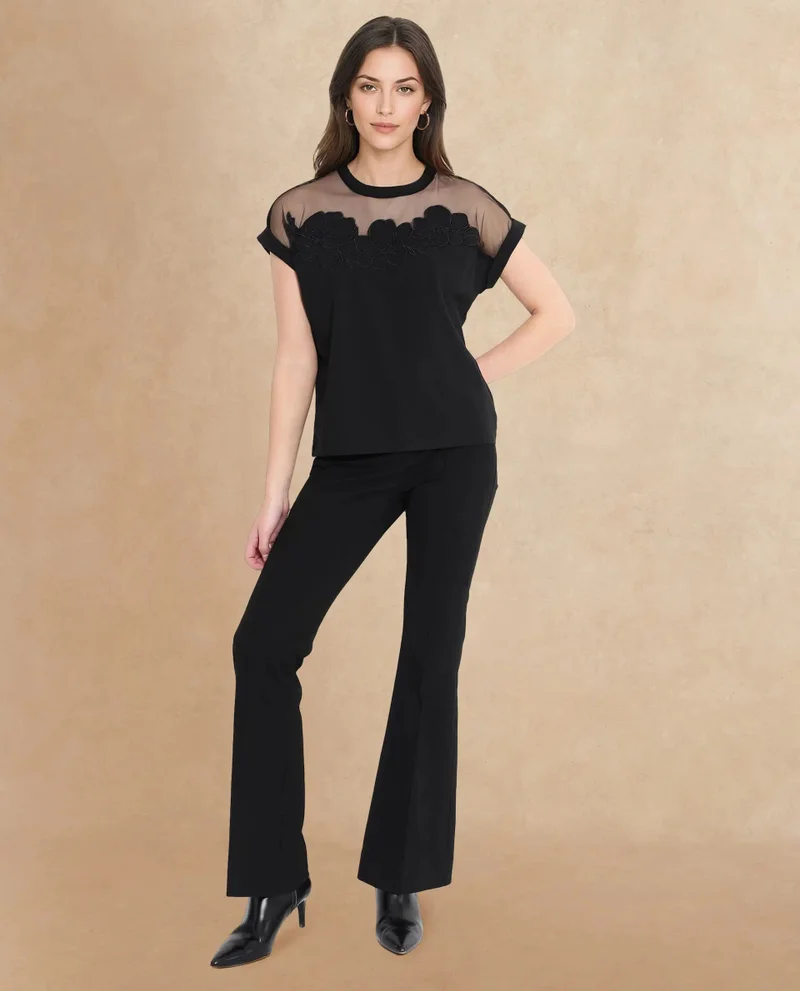 Rareism Rareism Women Alexdan Black Cotton Elastane Fabric Embroidered Neck Top