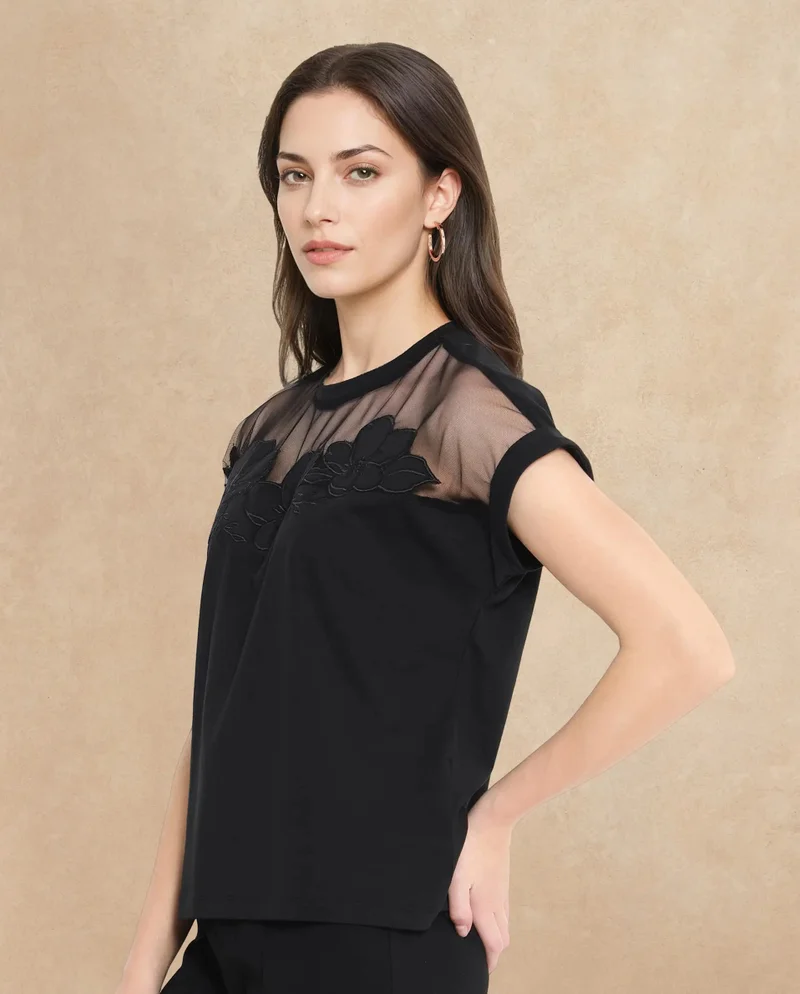 Rareism Rareism Women Alexdan Black Cotton Elastane Fabric Embroidered Neck Top