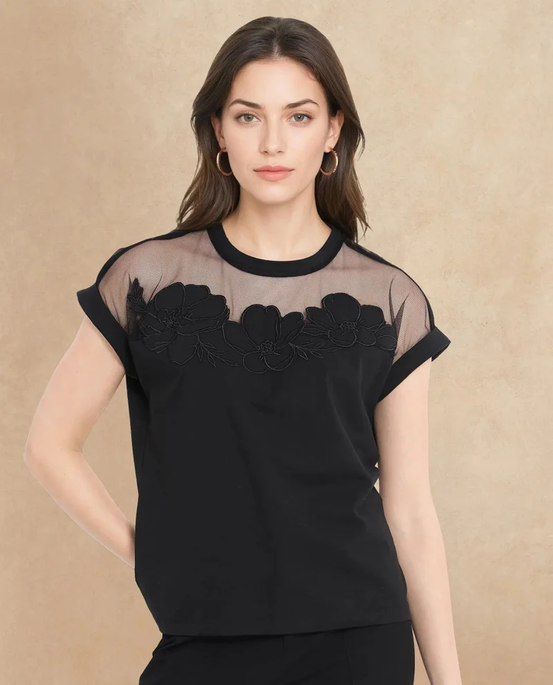 Rareism Rareism Women Alexdan Black Cotton Elastane Fabric Embroidered Neck Top