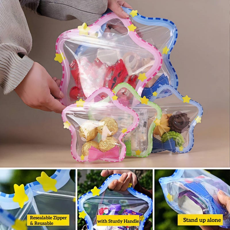 MITOB 30 Pack Clear Resealable Stand-up Bottom Gift Bags Plastic Goody Treat Bag Candy Snack Food Storage Wrapping for Wedding Birthday Kids Party Favor (8.66x8.66 inch 3 Colors Pattern with Handle) - Image 2