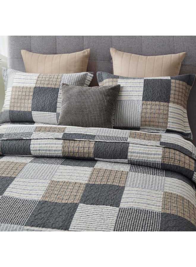 Finlonte Quilt King Size - 100% Cotton Plaid King Size Comforter Set Farmhouse Quilt Bedding Set, Reversible Lightweight Bedspread, Grey Brown White Quilted Coverlet All-Season, 3-Piece - Image 5