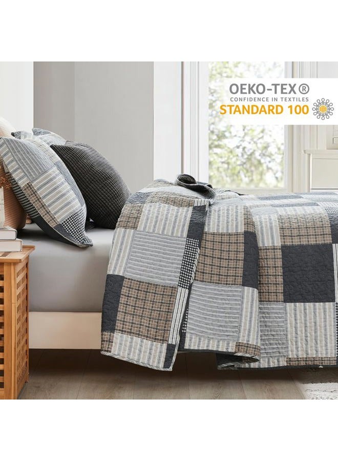 Finlonte Quilt King Size - 100% Cotton Plaid King Size Comforter Set Farmhouse Quilt Bedding Set, Reversible Lightweight Bedspread, Grey Brown White Quilted Coverlet All-Season, 3-Piece - Image 3