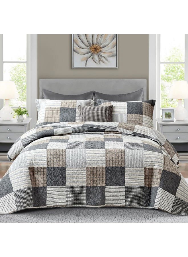 Finlonte Quilt King Size - 100% Cotton Plaid King Size Comforter Set Farmhouse Quilt Bedding Set, Reversible Lightweight Bedspread, Grey Brown White Quilted Coverlet All-Season, 3-Piece - Image 1
