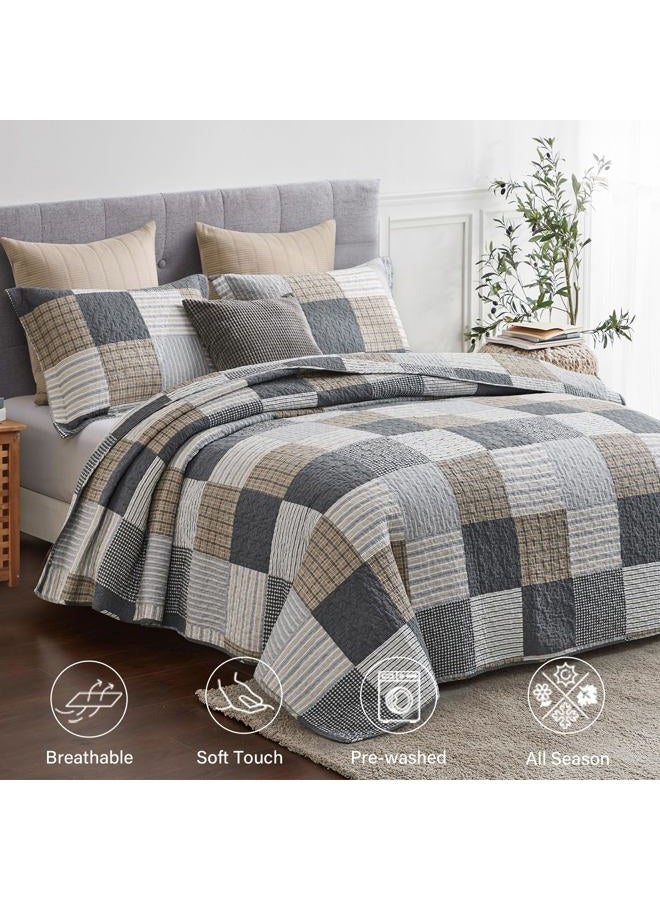 Finlonte Quilt King Size - 100% Cotton Plaid King Size Comforter Set Farmhouse Quilt Bedding Set, Reversible Lightweight Bedspread, Grey Brown White Quilted Coverlet All-Season, 3-Piece - Image 2