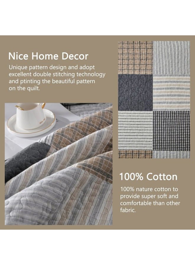 Finlonte Quilt King Size - 100% Cotton Plaid King Size Comforter Set Farmhouse Quilt Bedding Set, Reversible Lightweight Bedspread, Grey Brown White Quilted Coverlet All-Season, 3-Piece - Image 4