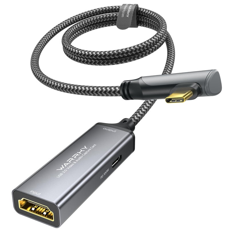 WARRKY Video Capture Card with 100W Power Delivery & Right-Angle USB-C | 1080P 60Hz HD | Streaming Capture Card Designed for Quest 3 / iPad, Compatible with Switch, PS5, PS4 - Image 1