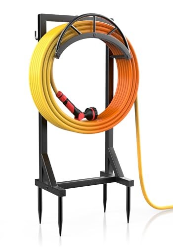 Vsonker Garden Hose Holder and Hanger, Metal Water Hose Storage Stand, Upgraded Freestanding Water Hose Organizer Rack with 2 Tool Hooks for Outdoor Yards, Farms and Lawns, Black - Image 1