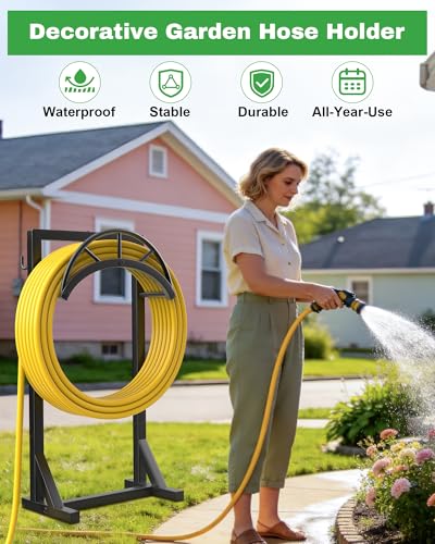 Vsonker Garden Hose Holder and Hanger, Metal Water Hose Storage Stand, Upgraded Freestanding Water Hose Organizer Rack with 2 Tool Hooks for Outdoor Yards, Farms and Lawns, Black - Image 2