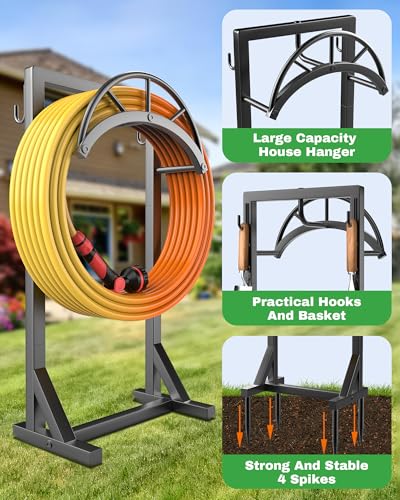 Vsonker Garden Hose Holder and Hanger, Metal Water Hose Storage Stand, Upgraded Freestanding Water Hose Organizer Rack with 2 Tool Hooks for Outdoor Yards, Farms and Lawns, Black - Image 3